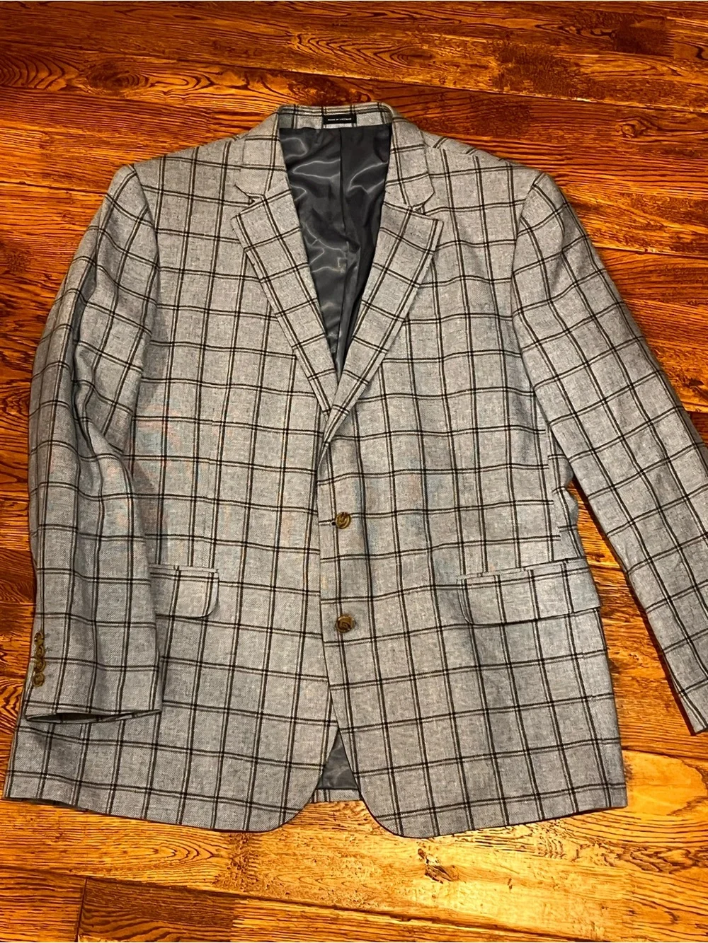 Stafford Linen Cotton Blue Windowpane Lined Travel Jacket Coat Suit 48L Men’s